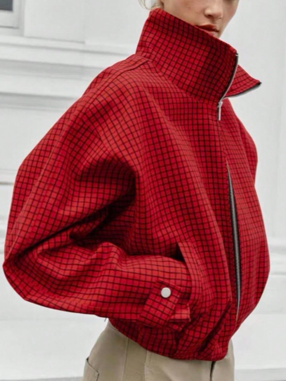 Red Plaid Casual Women's Funnel Neck Cloak Sleeve Zippered Regular Length Jacket